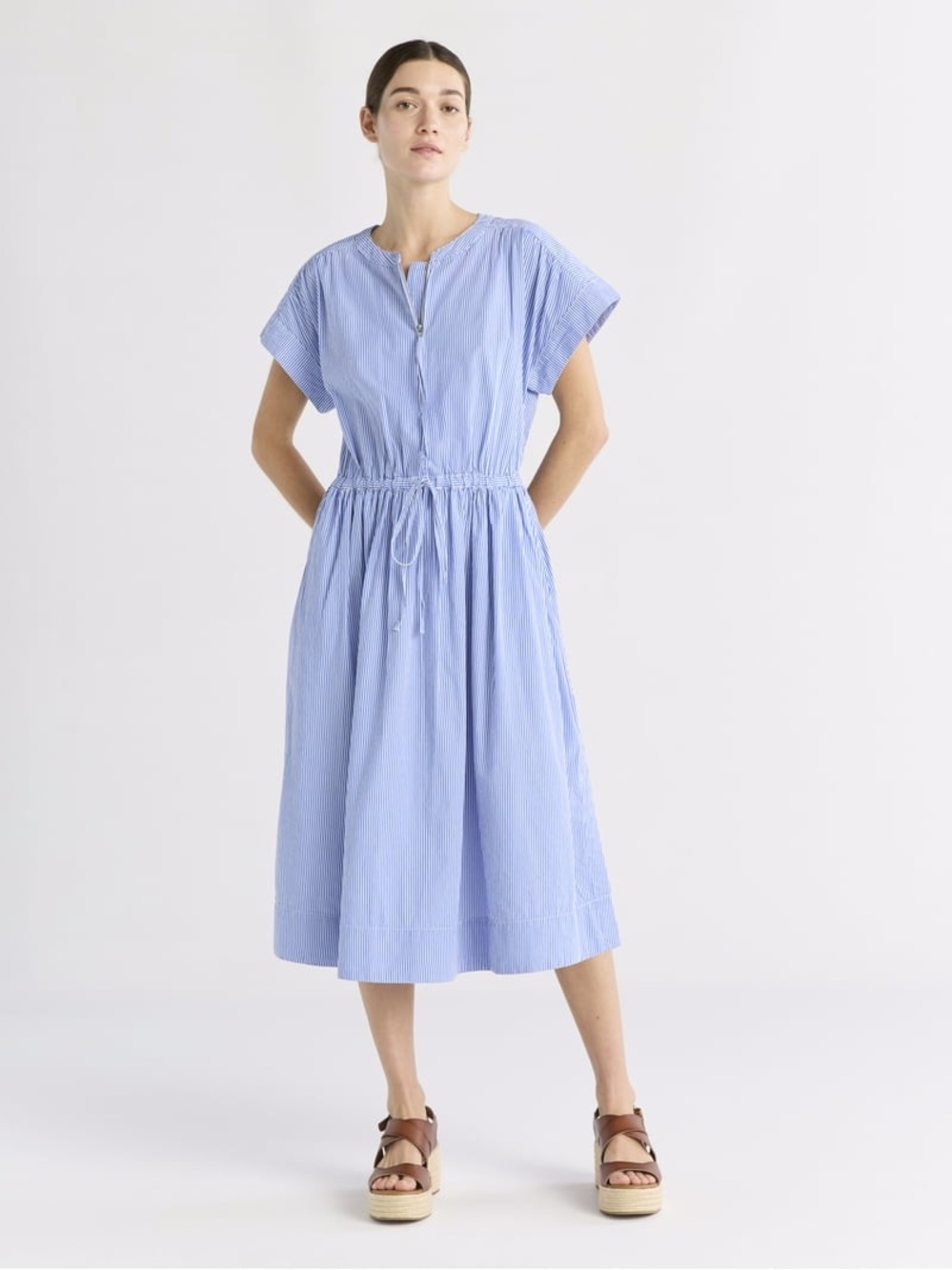 Drawstring Waist Midi Dress in Light Blue